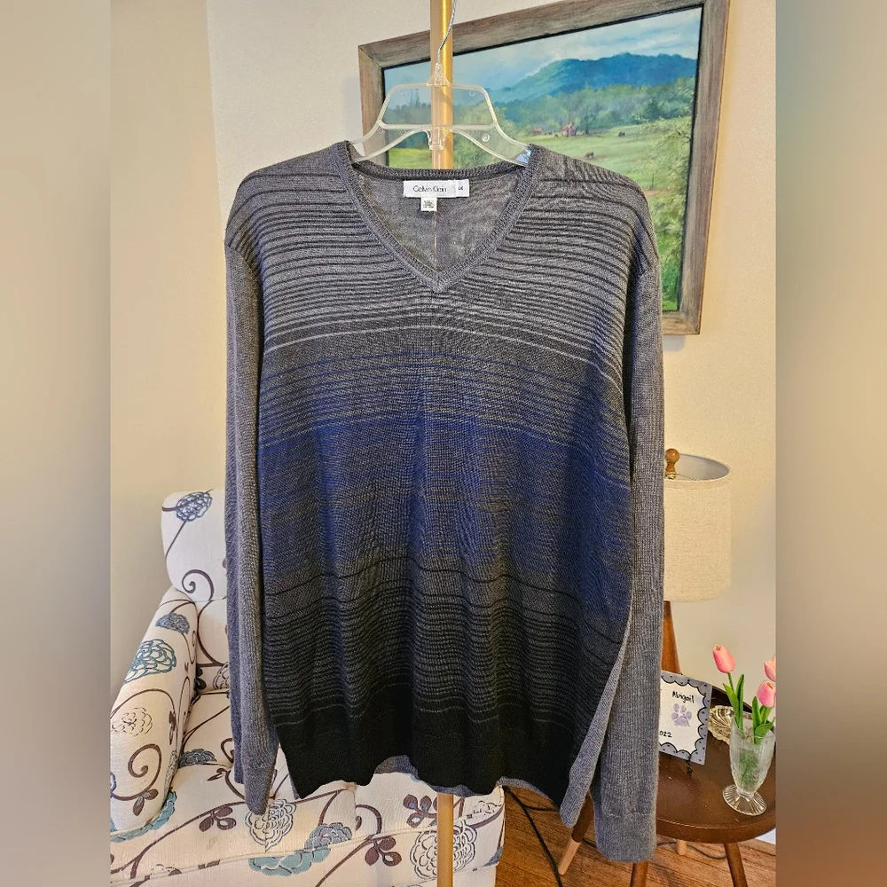 Calvin Klein Charcoal and Black Knit Striped Sweater Sz Lg